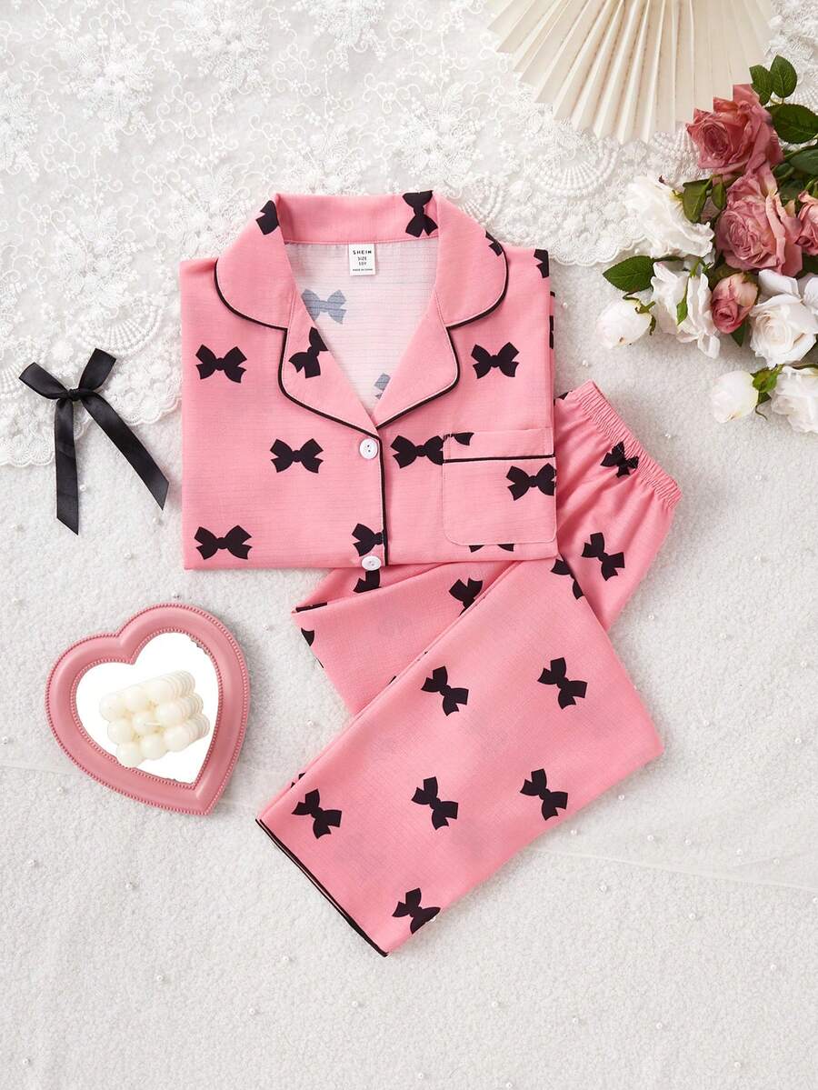 SHEIN 2pcs Girls Casual Bow Print Long Sleeve Cardigan And Pants Set, Comfortable Home Outfit - Watermelon Pink - View 1