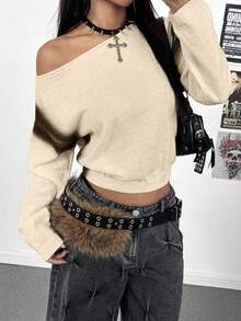 StreetHx New Contrast Color Graffiti Oblique Shoulder Casual Loose Sweater - Apricot - View 4