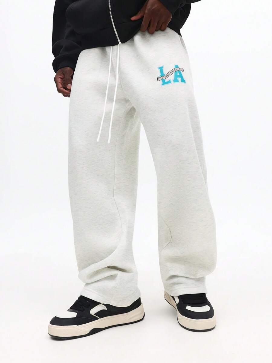 SUMWON Pantalón de chándal de pierna recta con estampado de LA, cintura con cordón casual, ajuste relajado, liso jaspeado - Gris - Ver 1