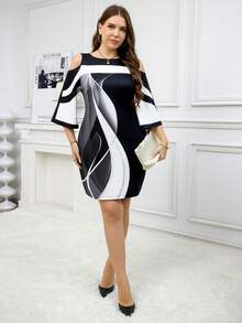 SHEIN Clasi Plus Size Black & Color Block Printed Elegant Dress Office Attire For Women Work Outfits Tops Dresses Party Floral Flower Knitted Fall - Black and White - View 6