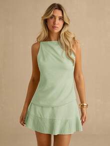 Enchnt Summer Elegant Sexy Solid Color Backless Top & Pleated Skirt Set - Mint Green - View 3