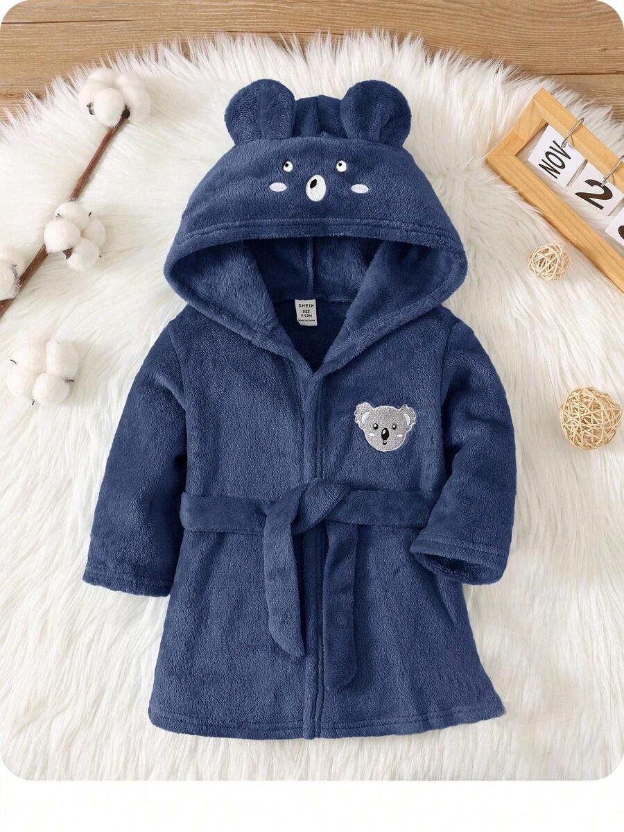 男婴可爱动物印花连帽长袖法兰绒浴袍，秋冬