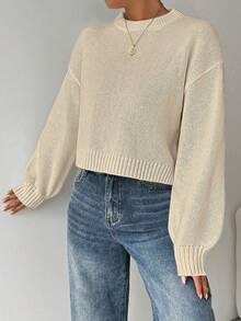 SHEIN LUNE Áo len nữ cổ tròn tay dài màu trắng đơn giản, thoải mái - Màu be - Xem 4