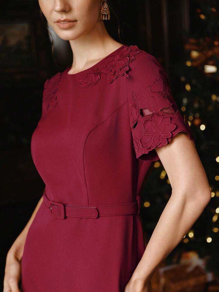 Autumn/Winter Women's Elegant Embroidered Cinched Waist Burgundy Red Short Sleeve Slim Fit Midi Dress, High-End, Going Out, Party, Chic, New Year, Christmas, Work, Graduation, Wedding