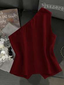 Franclia 法式时尚性感不对称肩部酒红色华夫格针织女式秋冬上衣，饰有金属搭扣。女式露脐上衣，红色上衣，优雅衬衫，女士优雅风格，女士优雅上衣，女士新年风格。 - 酒紅色 - 查看 2