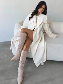 Firerie 女士优雅简约基本款休闲时尚办公室通勤卡其色长款宽松夹克，带毛领和袖口，秋冬，优雅，商务休闲，驼色，长袖 - 杏色 - 查看 5