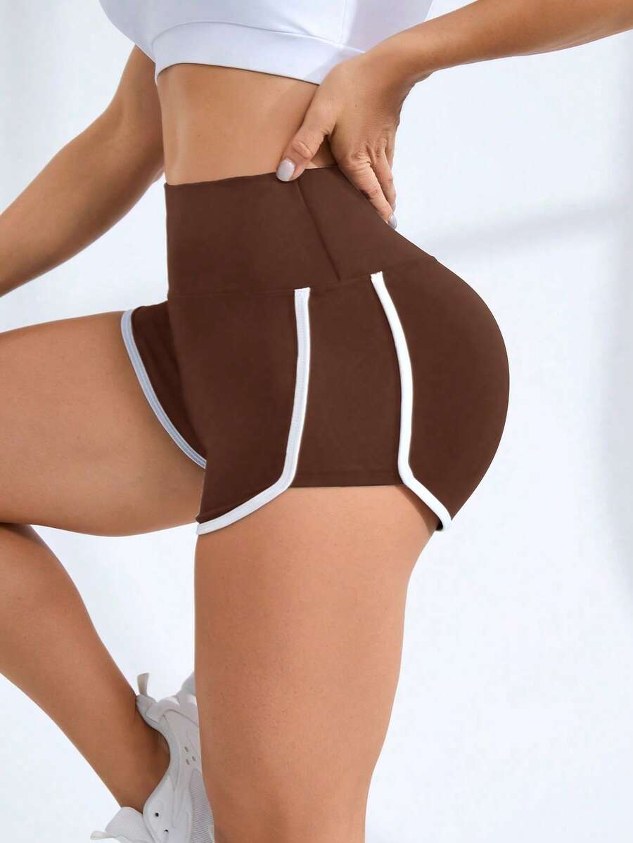 Eassivo Eassivo Women's Minimalist Waist Contrast Trim Yoga Running Sports Shorts, Summer - Brown - View 1
