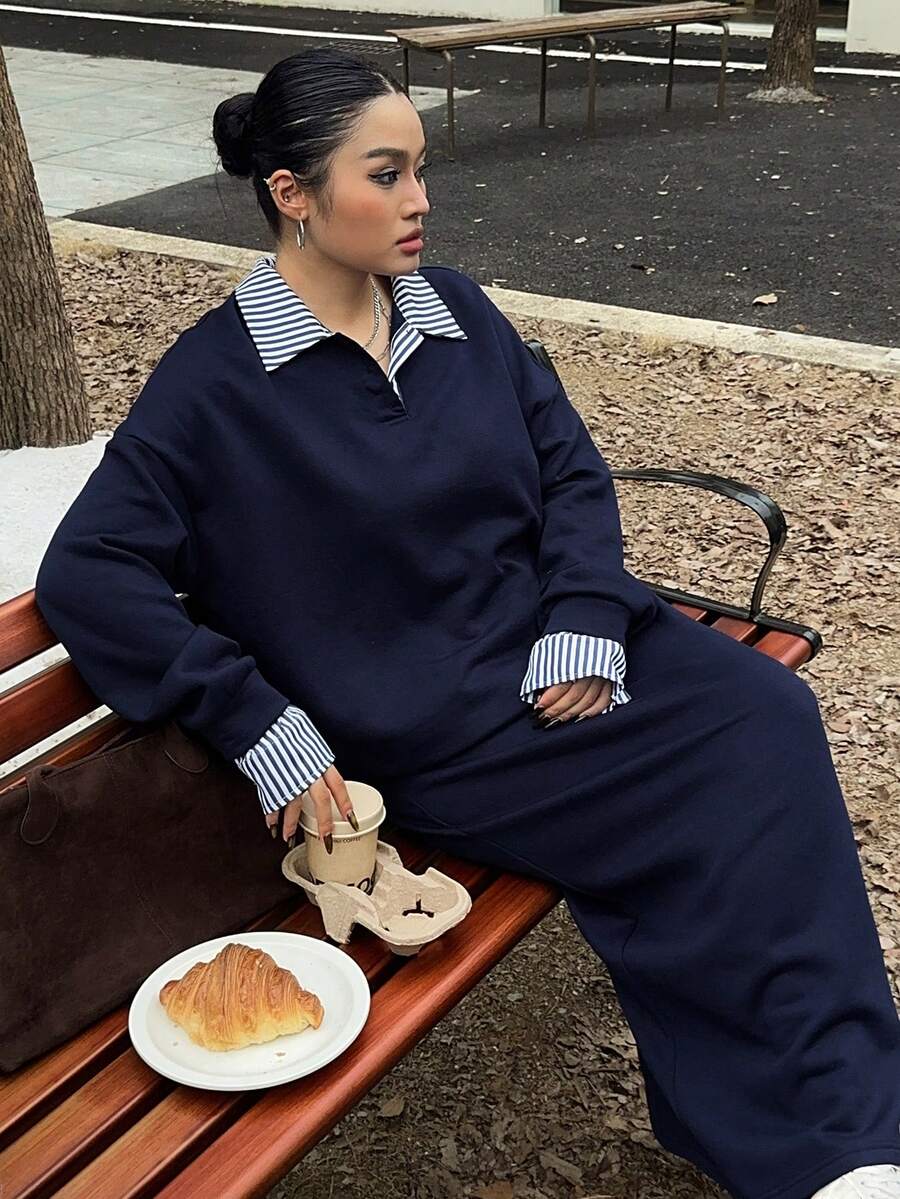 Dazy Plus 2pcs/Set Women Plus Size Casual Contrast Color Splice Lapel Loose Thicken Fleece Sweatshirt And Skirt Set, Autumn/Winter Lounge Sets For Women - Navy Blue - View 1