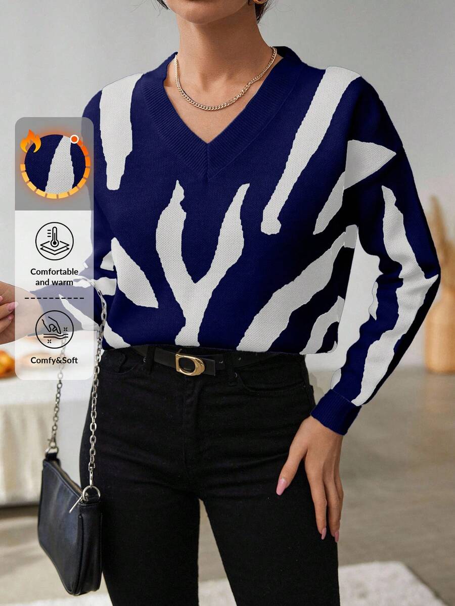 EURMUSE Women's Contrast Color Pattern V-Neck Long Sleeve Pullover Sweater,Jumper,Cream Jumper,Jumpers,Black Jumper,Womens Jumper,White Jumper,Women's Jumper,Women's Jumpers,Winter Clothes - Multicolor - View 1