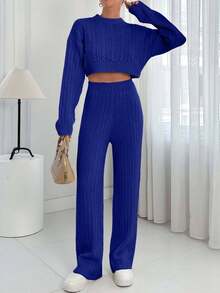EURMUSE Women's Plain Drop Shoulder Long Sleeve Crop Top And Knitted Pants Casual Suit,Petite Co Ord Set,Petite Co Ord,Winter Co Ord Set,Co Ord,Loungewear Set,Petite,Winter Clothes - Blue - View 4