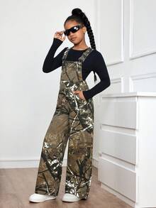 Peto vaquero de pierna ancha con bolsillo de camuflaje para niña preadolescente - Verde militar - Ver 6