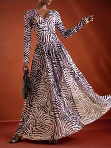 Zivah In Early Autumn And Winter 2025, New Styles For Birthday Parties, Graduation Season, Daily Outings, Basic, Versatile, Casual Vacation, Cruise Travel, Internet Celebrities, Popular, Casual, Elegant, Commuting, Casual, Street Parties, Sexy Deep V-Neck, Long Sleeves, Waist Cutouts, High Side Slits Reaching The Thighs, Pink, Black Zebra Print, Leopard Print, Net Print, Super Long Dress, A Swing Dress, Evening Dress, Women's Super Long Dress -A