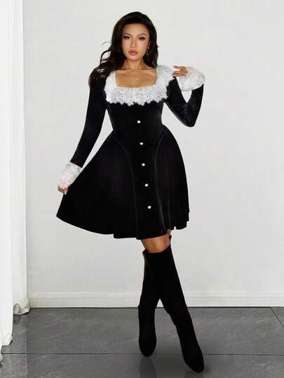 Chiquease 女士天鹅绒蕾丝拼布撞色褶皱 A 字长袖连衣裙，优雅适合外出、宴会、秋冬、复古、办公室、派对