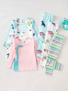 3pcs Set Baby Girls Snug Fit Dinosaur World Allover Print Long Sleeve T-Shirt And Pants Pajamas - Multicolor - View 1