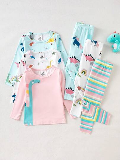 Set de 3 piezas de pijama para bebé niña con camiseta de manga larga y pantalones estampado de mundo de dinosaurios