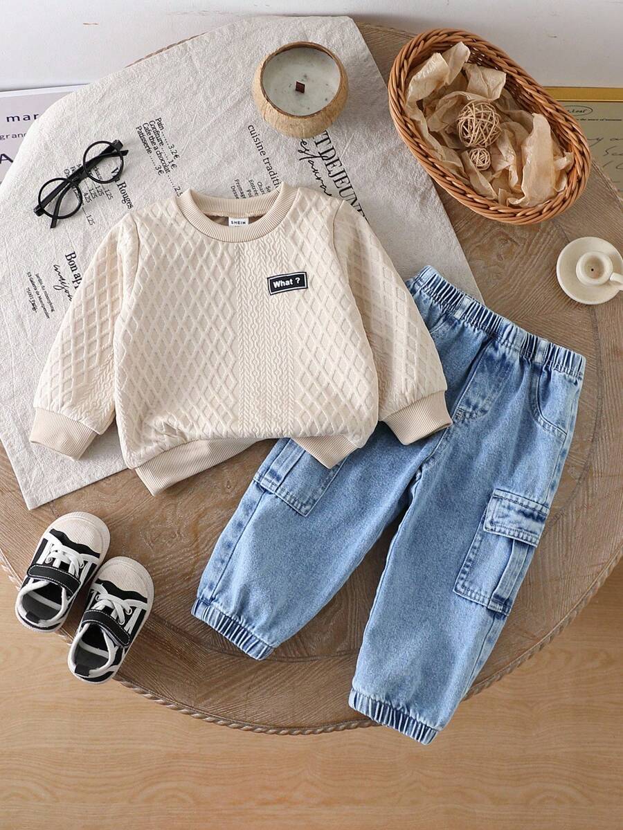 SHEIN Playful Pals 2pcs Baby Boy Casual Outfit Shades Of Blue Denim Pants Set Autumn Long Sleeve Round Neck Top Back-To-School Page Boy Clothes Infant Streetwear Jeans - Apricot - View 1