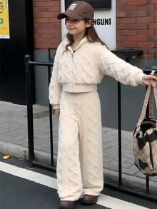 Girls Casual Diamond Pattern Reversible Fleece Hooded Zip-Up Jacket And Simple Fleece Pants 2 Pieces Set, Autumn/Winter