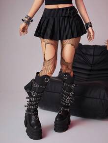 ROMWE Grunge Punk Falda mini ultrasilta plisada con detalles metálicos a rayas, escuela - Blanco y Negro - Ver 3