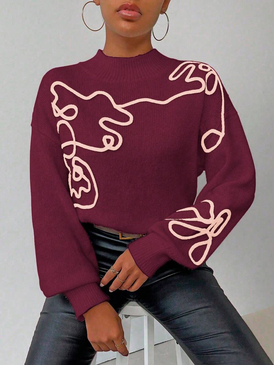SHEIN LUNE Jersey de cuello alto de manga larga con patrón de color contrastante para mujer - Burdeos - Ver 1