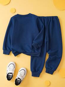 TOM & JERRY X SHEIN 2pcs/Set Young Boy Cute Cartoon Graphic Round Neck Drop Shoulder Long Sleeve Sweatshirt & Letter Graphic Sweatpants Knit Casual Sportswear Set - Blue - View 2