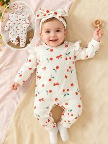 SHEIN 女婴休闲可爱樱桃印花针织连体衣，含发带 - 彩色 - 查看 4