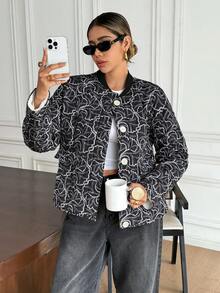 SHEIN Frenchy معطف مطبوع بالكامل للنساء للتنقل، خريف/شتاء - كاكي - مشاهدة 5