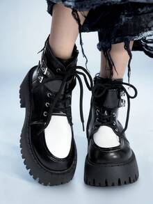 Sugerpunk Botas de motocicleta de plataforma con suela gruesa, estilo gótico punk rock oscuro con cordones en forma de murciélago para mujer, botas de tobillo para montar en Navidad - Negro - Ver 5