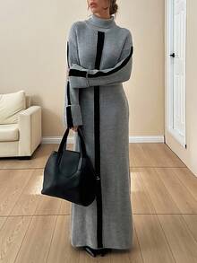 EURMUSE Lässiges Maxi Strick Kleid mit Rollkragen, weiten Ärmeln und Streifen-Details für einen kuscheligen Winter-Chic-Look, Oversized Passform - Grau - Übersicht 5