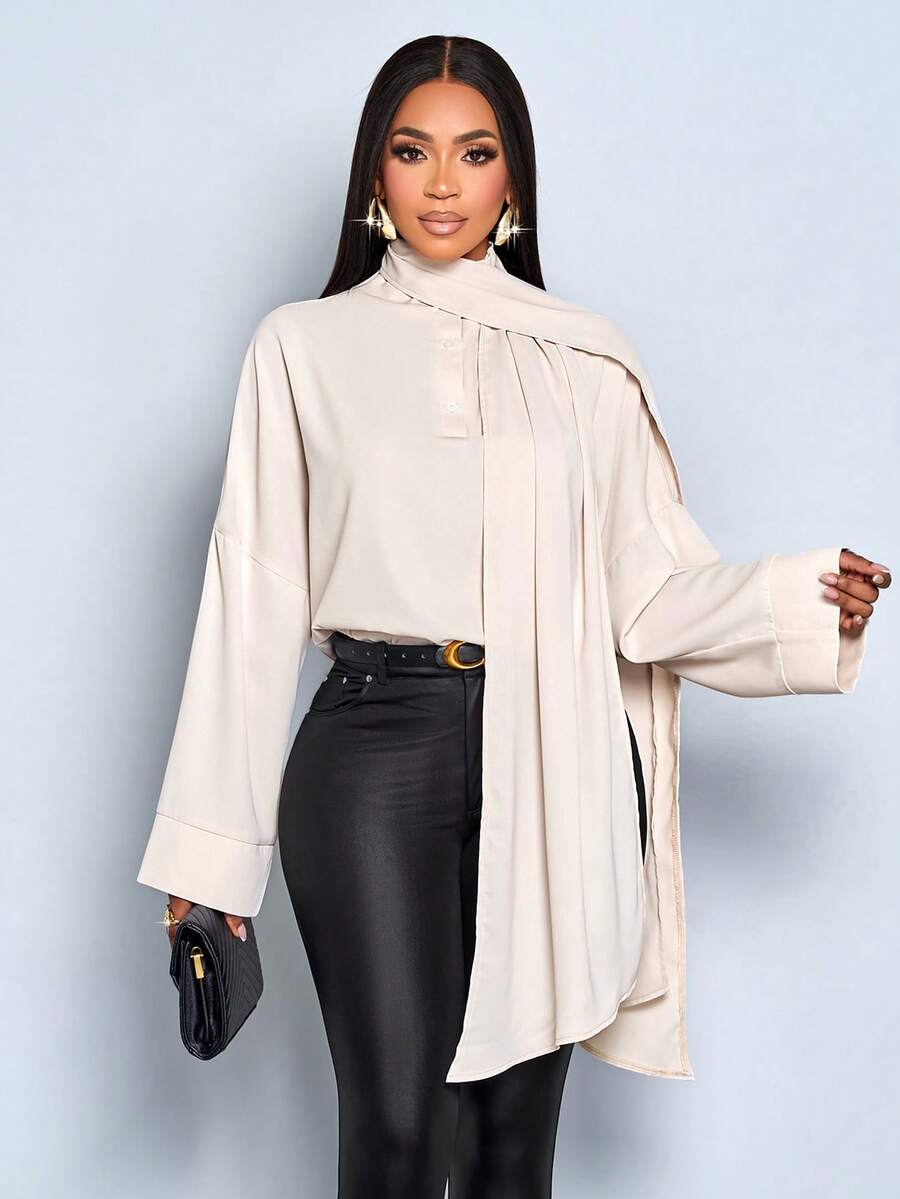 SOLERSUN 女士优雅杏色高领长袖衬衫，配长围巾 - 杏色 - 查看 1