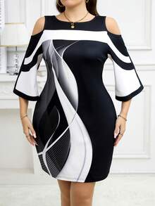 SHEIN Clasi Plus Size Black & Color Block Printed Elegant Dress Office Attire For Women Work Outfits Tops Dresses Party Floral Flower Knitted Fall - Black and White - View 7