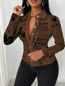 Zolique 女士时尚报纸印花衬衫，秋季 - 棕色 - 查看 8