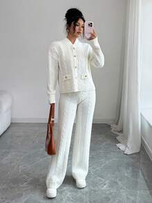 SHEIN Elenzya 2pcs Women Solid Color Sweater Set, Autumn/Winter - White - View 5