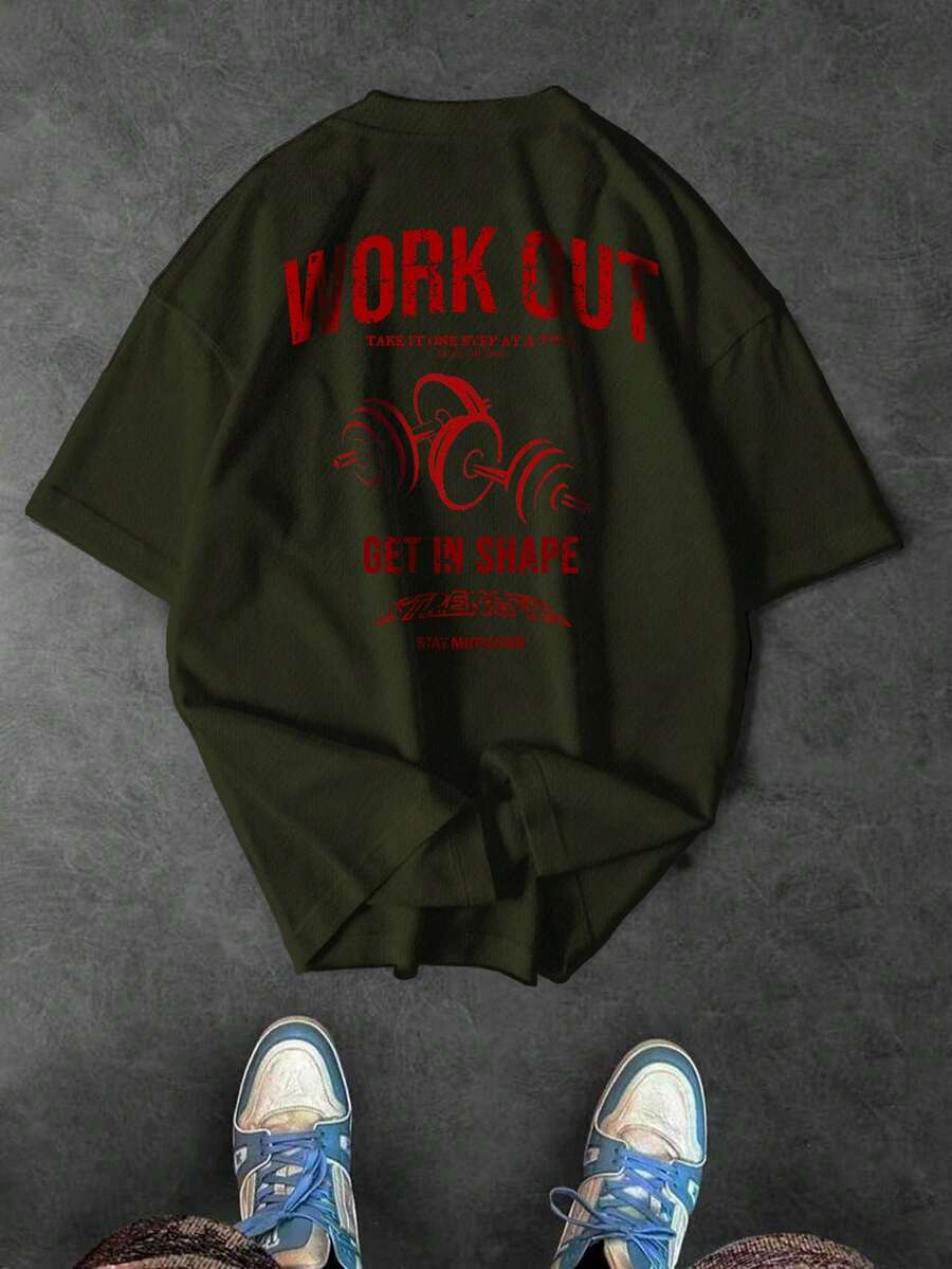 Sport MetroGents 男士休闲哑铃字母印花短袖运动T恤 - 軍綠色 - 查看 1