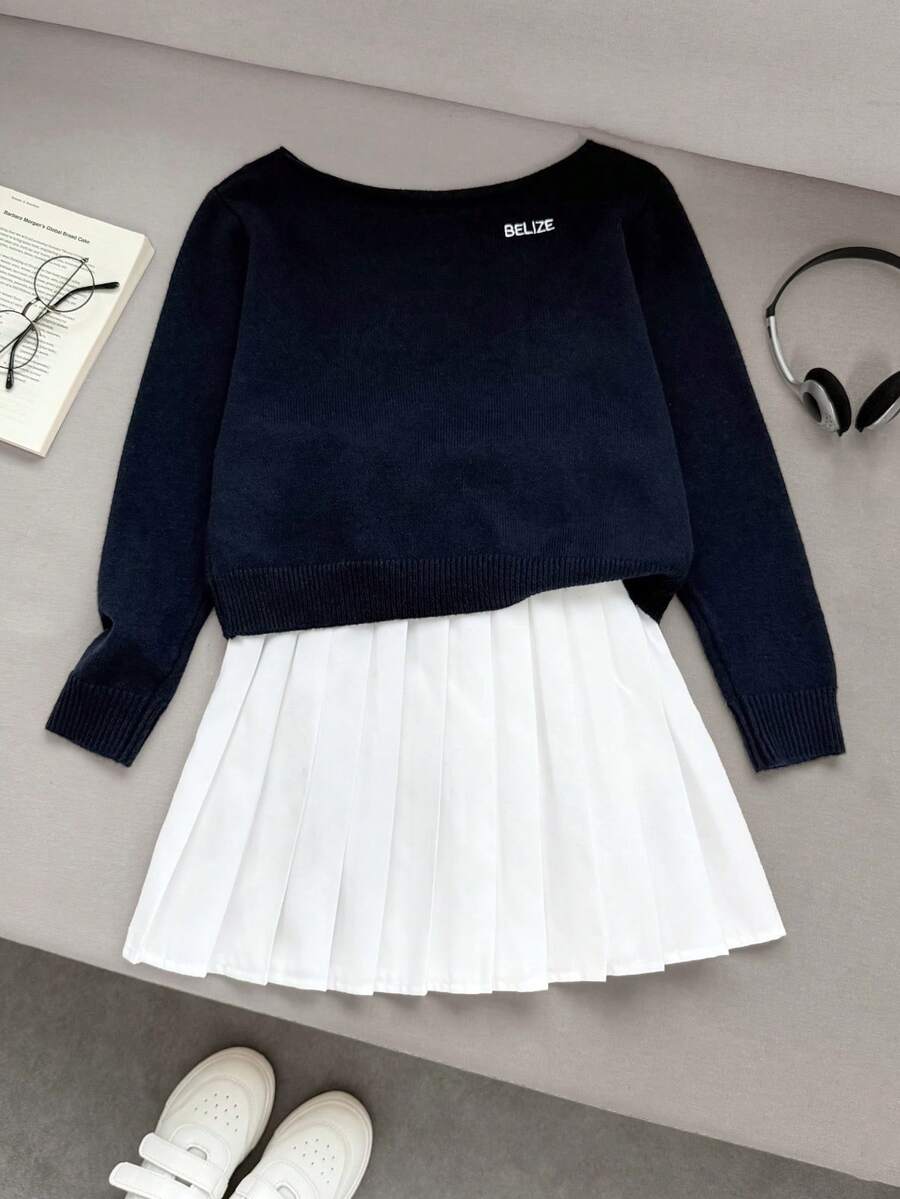 SHEIN 女童字母刺绣短款毛衣上衣，时尚穿搭，适合日常、通勤、聚会 - 黑色 - 查看 1
