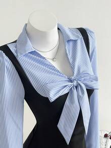 Elamini Women's Elegant Casual Commuter Versatile Autumn/Winter Dress, Black Waist Tie Bow Splice Colorblock Striped Long Sleeve Short Dress - Multicolor - View 1