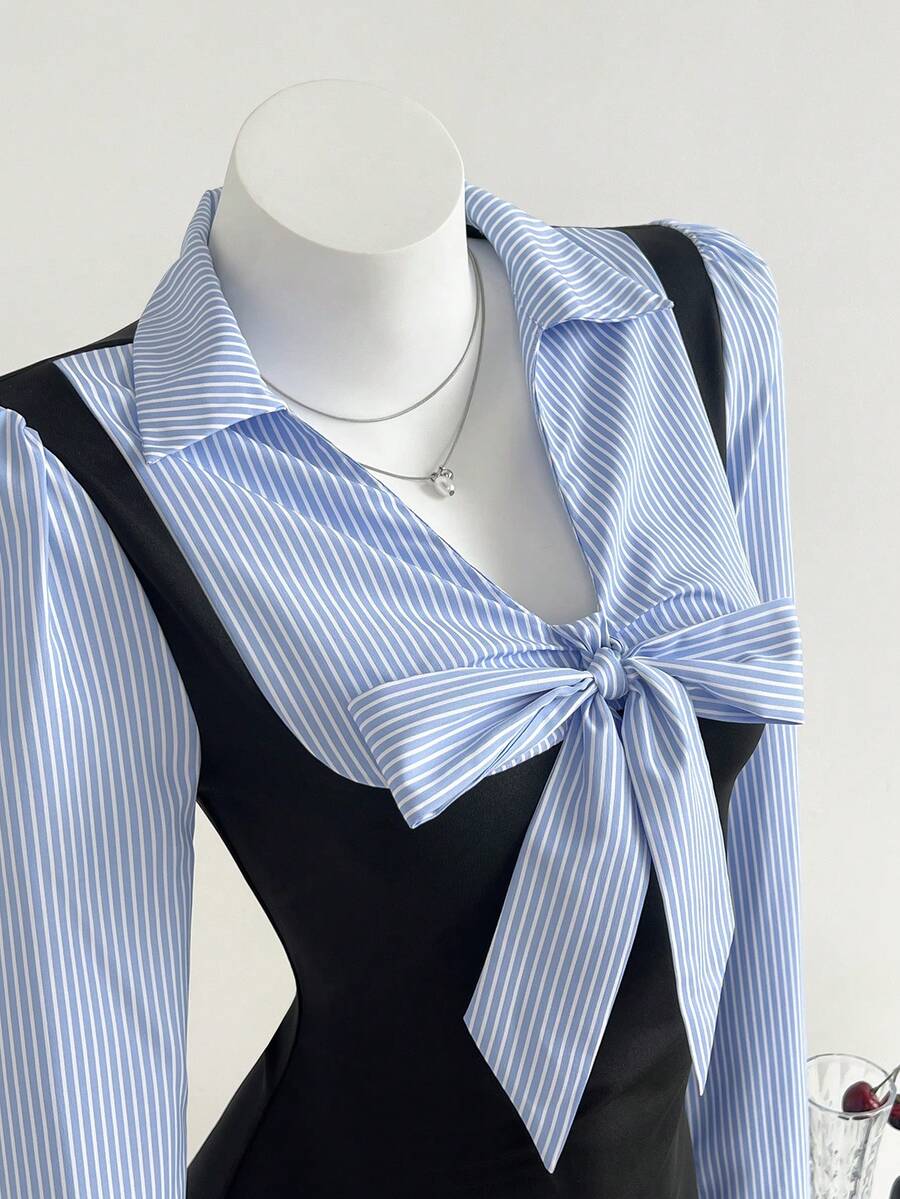 Elamini Women's Elegant Casual Commuter Versatile Autumn/Winter Dress, Black Waist Tie Bow Splice Colorblock Striped Long Sleeve Short Dress - Multicolor - View 1