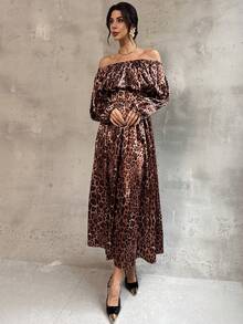 Firerie Women's Elegant Brown Leopard Print Off Shoulder Maxi A-Line Dress,Seductive Cinched Waist Lantern Sleeve Autumn Party Fashion Exquisite Date Gown - Brown - View 6