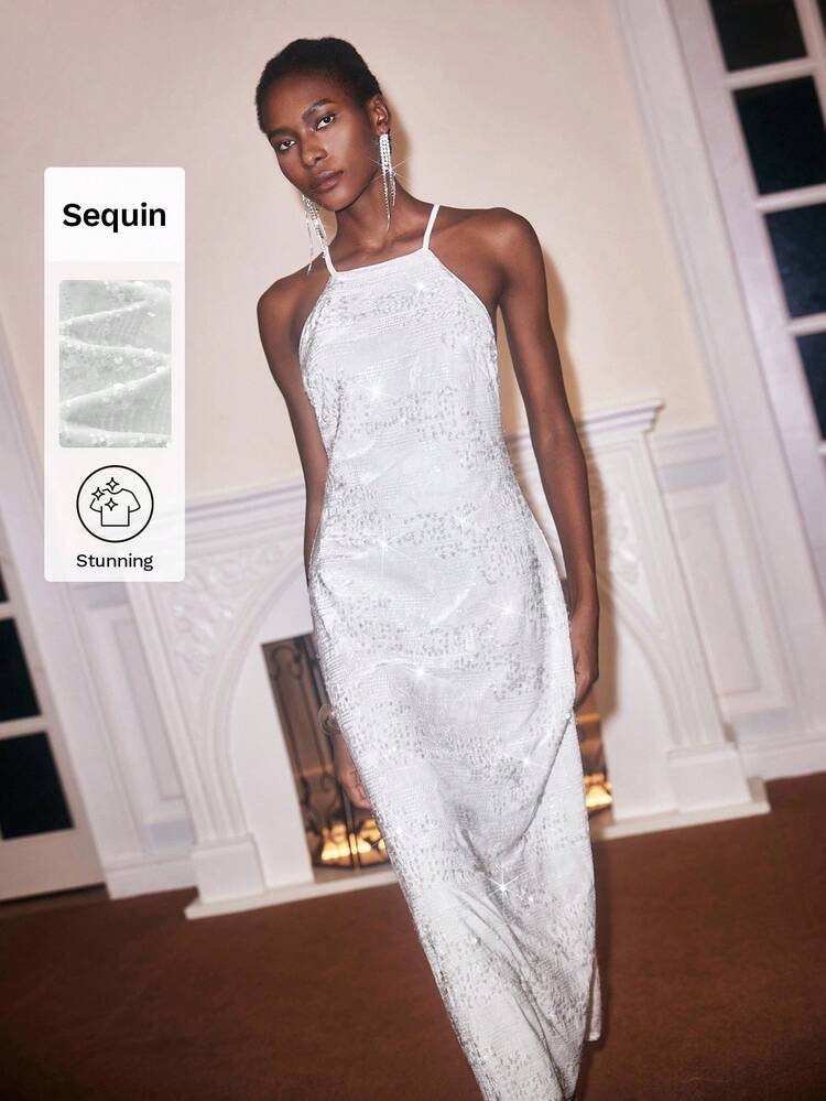 SHEIN Maija White Sequins Elegant Embellished Backless Off Shoulder Sleeveless Dress For Women, Suitable For Party, Christmas, Autumn/Winter Long Party Dress Dress For Wedding Guest Elegant Dresses For Women Sequin Skirt Autumn Dress Halloween Costumes Christmas Outfit For Women New Year Women Halloween Costume Women  New Year  White Dress Women Wedding Guest Dress Luxury Evening Dress For Women Shiny Dress  Women Dresses Autumn Winter Long Party Dress Stylish Clothing Collection