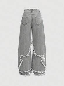 SHEIN Girlism Quần Jeans Jeans Ống Rộng Baggy Cạp Thấp Thời Trang Cho Nữ Tuổi Teen Y2K Có Viền Thô Và Túi Xiên - Xám - Xem 2