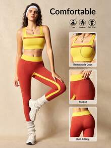 VARSIVA 女式撞色条纹背心和紧身裤健身套装 - 彩色 - 查看 2