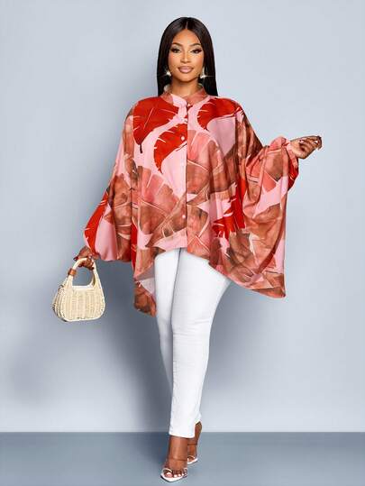 SOLERSUN Plus Size Women's Tropical Print New Single-Breasted Cropped Blouse With Batwing Sleeve For Vacation And Daily