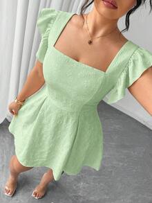 Elenzga Đầm xòe tay bèo nhún Jacquard màu trơn phong cách nghỉ dưỡng thanh lịch cỡ lớn cho nữ, mùa hè - Màu xanh Bạc hà - Xem 1