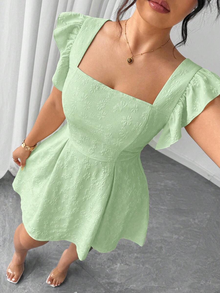 Elenzga Đầm xòe tay bèo nhún Jacquard màu trơn phong cách nghỉ dưỡng thanh lịch cỡ lớn cho nữ, mùa hè - Màu xanh Bạc hà - Xem 1