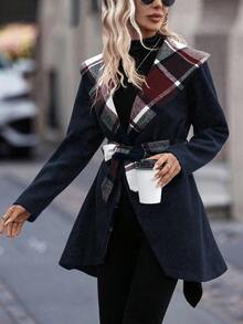 SHEIN Clasi Cappotto oversize casual da donna a quadri con colletto scialle, autunnale - Blu Navy - Visualizzare 6