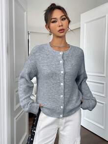 SHEIN x Carly Lawrence SHEIN Unity 女式宽松纽扣前落肩开衫，秋冬 - 深灰色 - 查看 3