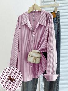 GlowEve CURVE Plus Size Casual Striped Bow Print Button Front Long Sleeve Shirt, Autumn