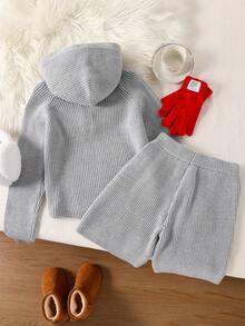 SHEIN Girls Grey Casual Hooded Sweater Top And Knitted Shorts Set, Suitable For Daily Wear, School, Outing, Party, Autumn/Winter - Grey - View 2