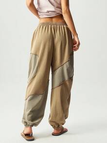 Bohemela Casual Knitted Color Block Mid-Waist Loose Washed Women Pants