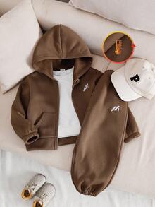 Bộ áo hoodie và áo khoác thường ngày thêu lông cừu kaki cho bé trai, Thu/Đông - Màu Khaki - Xem 1