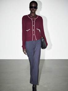 SHEIN Luminelle Casual College Style Round Neck Long Sleeve Pocket Knit Cardigan, Autumn/Winter, Christmas Button Up Cardigan Cardigan Sweater Women Cardigan Women S Cardigan - Burgundy - View 4